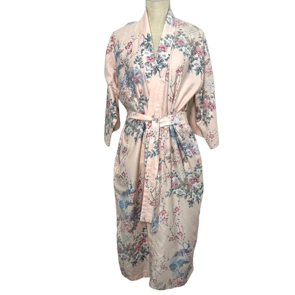 Vintage NY Design Centre Robe Womens M/L Pink Floral Peacock
